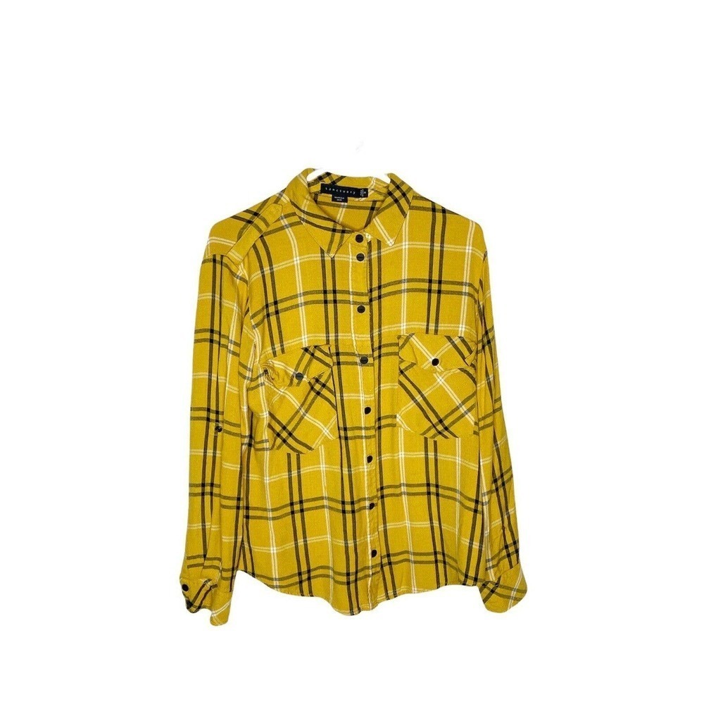 Sanctuary Sz S Boyfriend Fit Flannel Shirt Top Yellow Plaid Snap Front